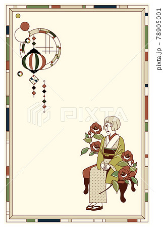 着物の女性とレトロな丸窓のベクターフレームイラスト素材のイラスト