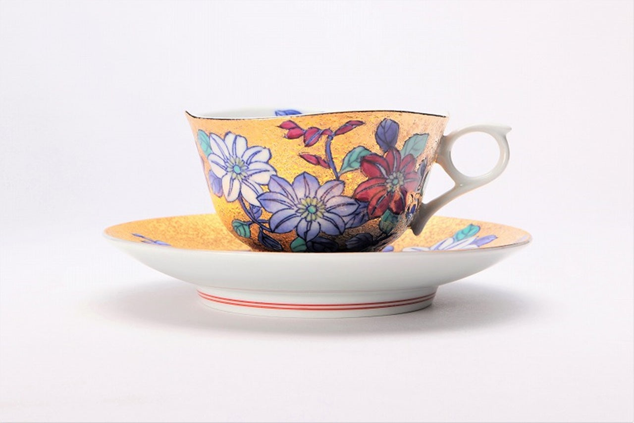 カフェ用品 「コーヒー碗 金彩 鉄仙花 木箱付」 金龍窯 江口天童