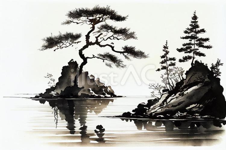 水墨画＿風景画＿日本画＿水辺の景色イラスト - No: 23473814｜無料