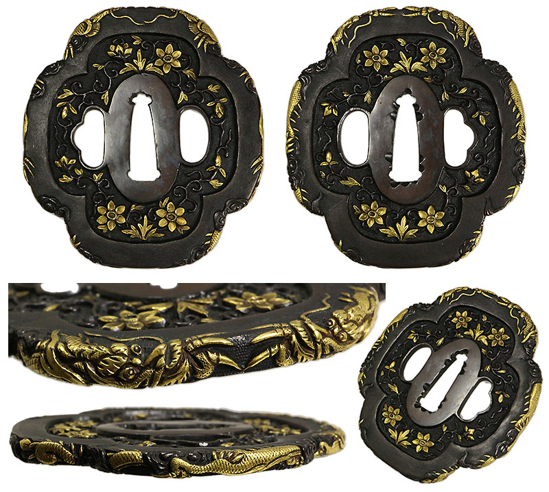 日本刀の鐔・鍔｜赤銅七々子地双龍鉄線花鐔（美濃金工鍔）｜日本刀専門