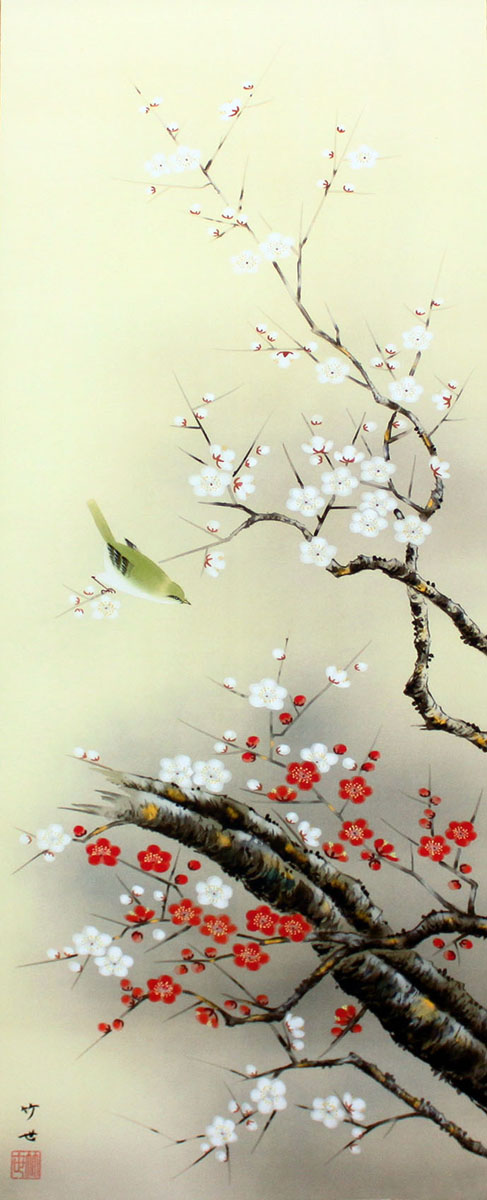 楽天市場】掛け軸 花鳥画 春掛け 田村竹世「紅白梅に鶯」掛軸 高精彩巧