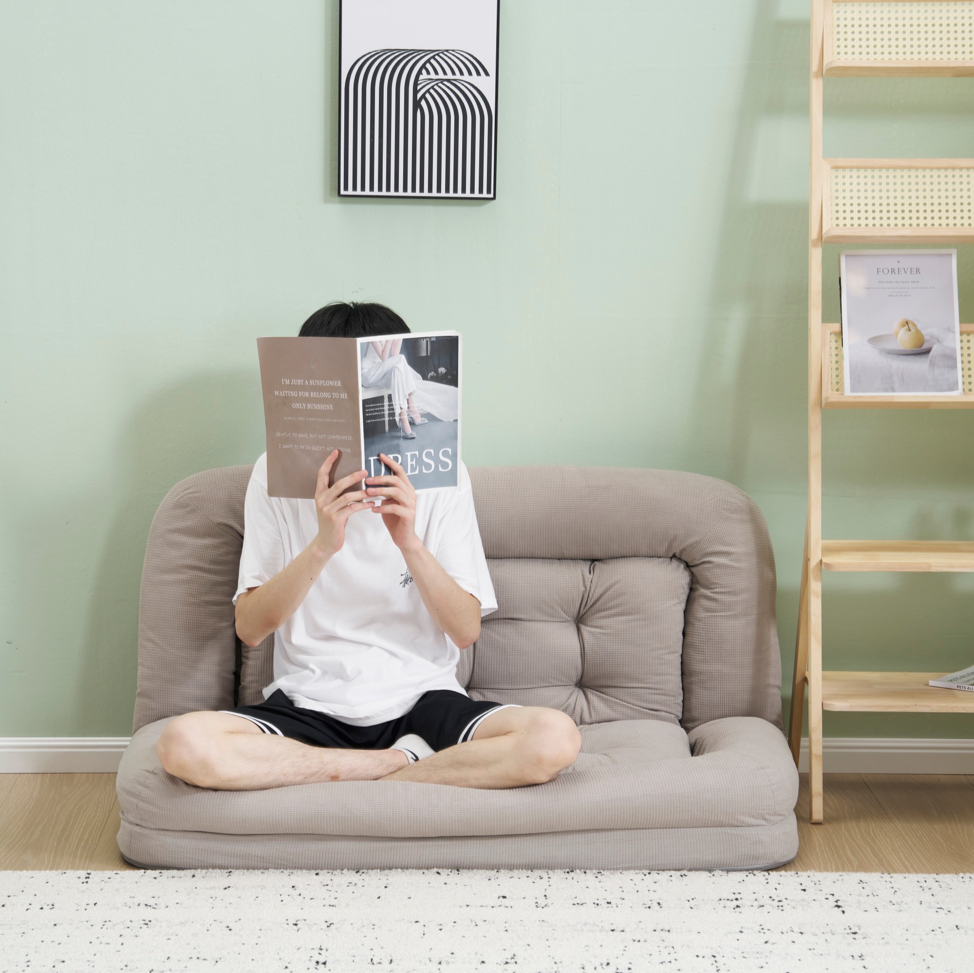 ブルー】1人掛けソファー ソファーベッド 座椅子 6段調整可能 寝る 座る