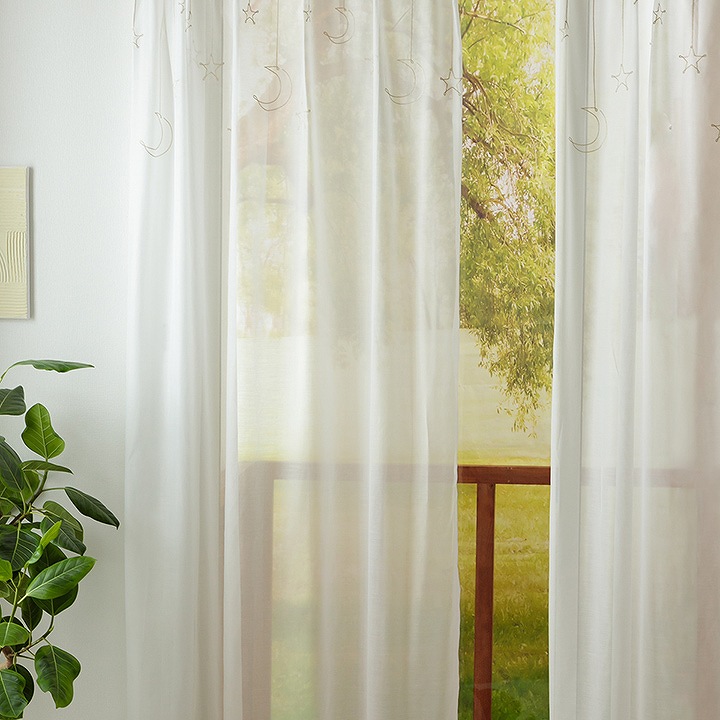 楽天市場】カーテン レース 刺繍 月 星 オーナメント柄 100cm幅 2枚組