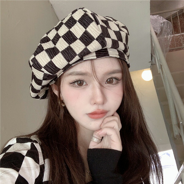 楽天市場】ベレー帽 チェッカー柄 ブロックチェック柄 白黒 ブラック