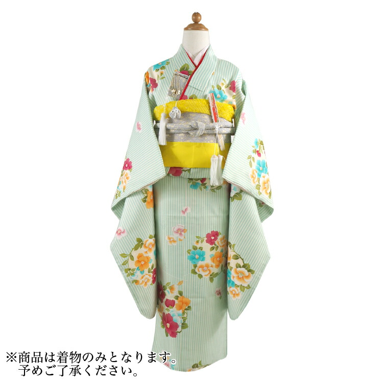 楽天市場】七五三 着物 7歳 白地に薄緑色 紗綾柄地紋 ストライプ 椿 花