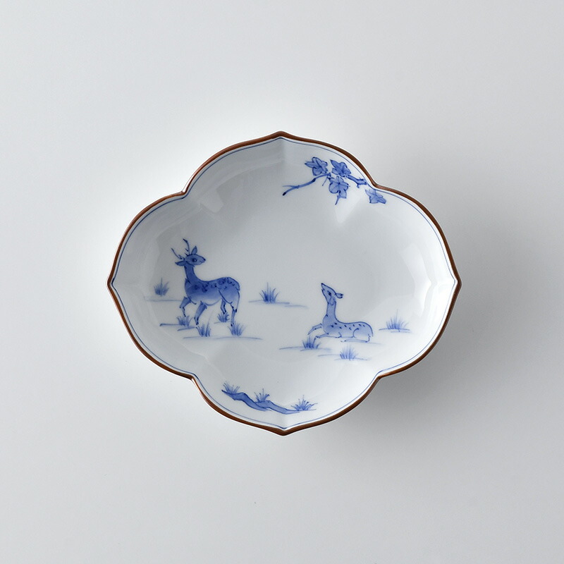 手描き 鹿 染付浅鉢 5つ 洸琳窯 鹿絵木甲浅鉢 しか絵 作家 変形 花型