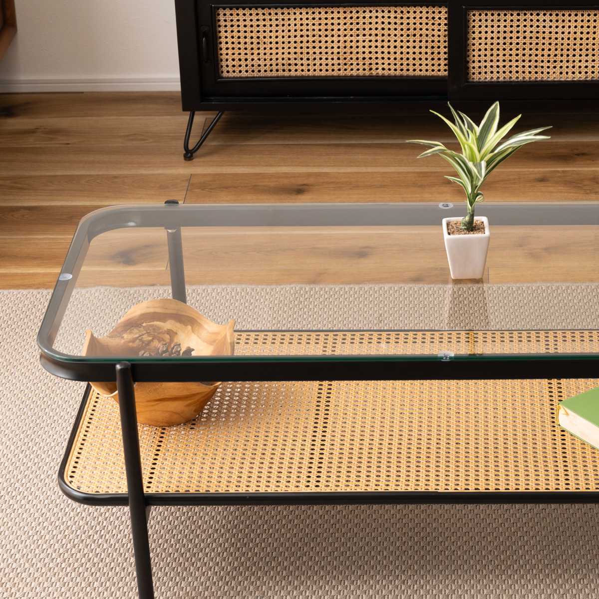 楽天市場】リビングテーブル 幅110cm ガラス天板 ラタン調ラック