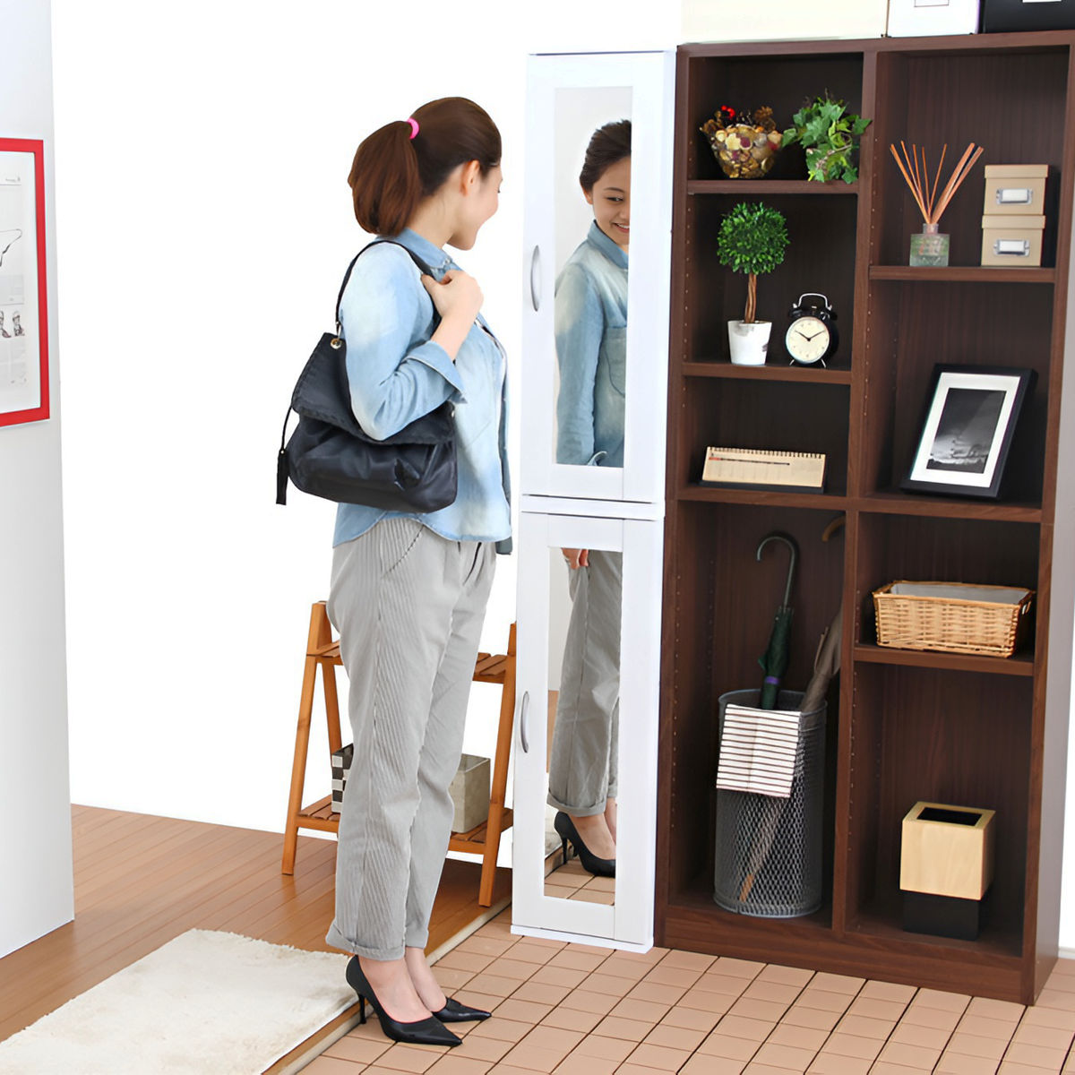 楽天市場】シューズラック 省 スペース 高さ90cm ミラー付き 2個セット