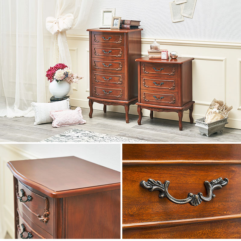 フランスアンティーク猫脚3杯ドロワー/木製チェスト/タンス/飾り棚(90