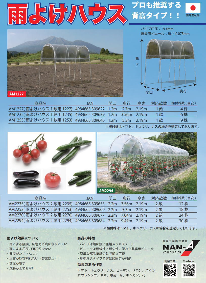 楽天市場】南栄工業 雨よけハウス AM2294 2畝用 国内生産品 ナンエイ