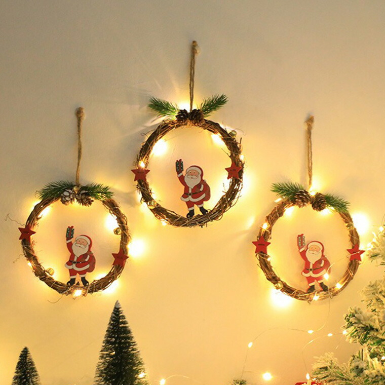 楽天市場】イルミネーション クリスマスリース 木製 籐 丸型 サンタ
