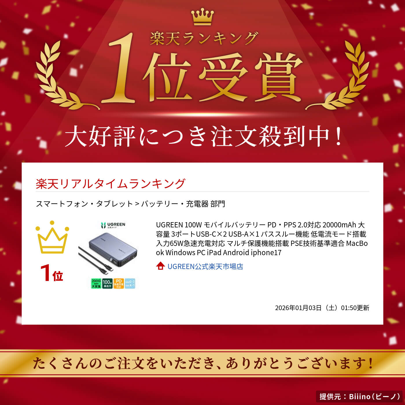 楽天市場】UGREEN 100W モバイルバッテリー PD・PPS 2.0対応 20000mAh