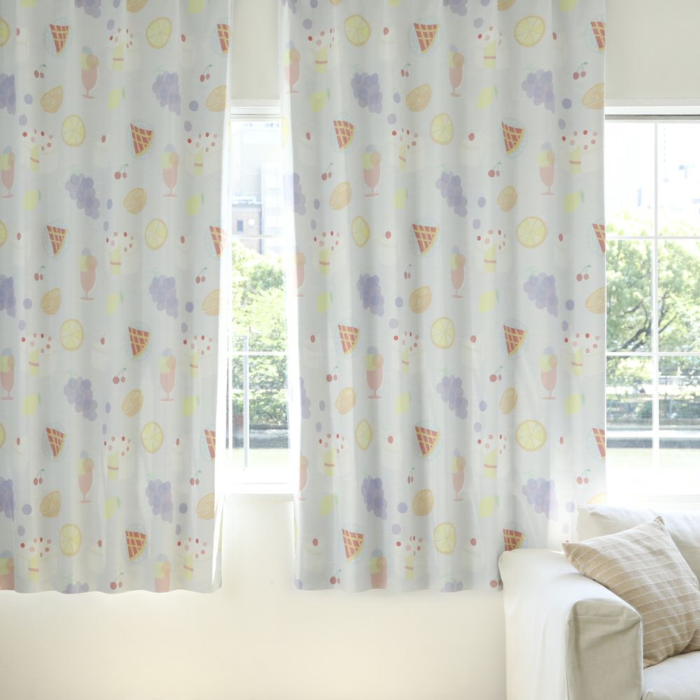ポップフルーツ】遮光2級 洗濯可 フルーツ柄 ドレープカーテン