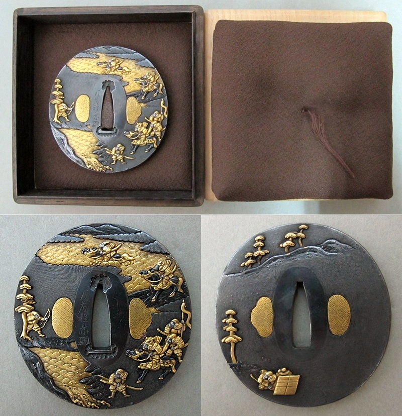 ☆後藤本家九代 後藤程乗作【源平合戦図】赤銅魚子地金銀象嵌鍔☆豪華