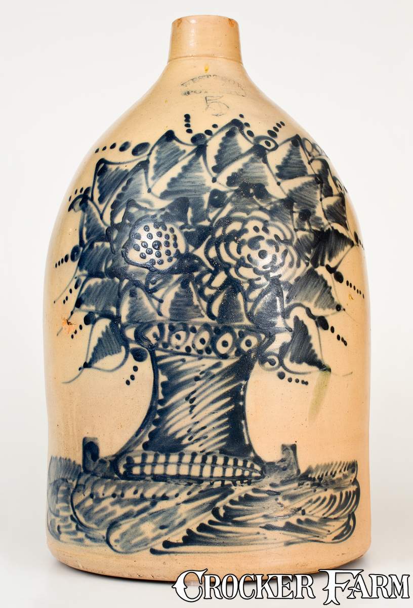 Outstanding 5 Gal. WEST TROY POTTERY Stoneware Jug with Elaborate