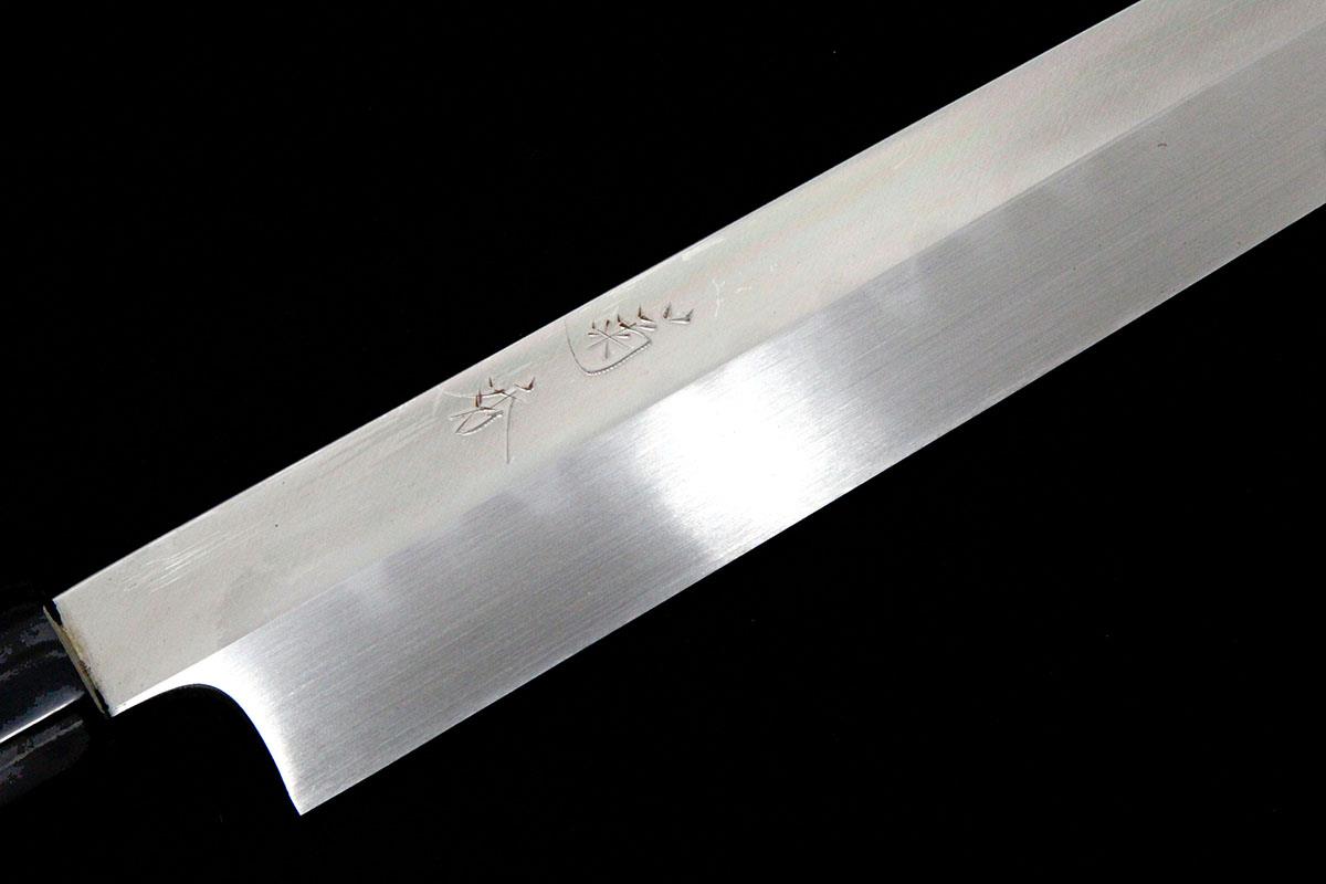 柳刃包丁 本焼 尺一 水野鍛錬所 源昭忠 銀二巻 黒檀柄 黒檀鞘・桐箱付