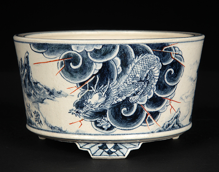 渋草焼渋草柳造窯漢詩虎文猛虎壷花入共箱N5788C