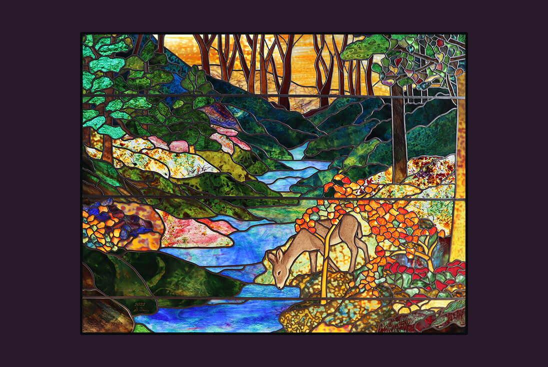 花・植物・風景のデザイン-044「水辺の小鹿」| ステンドグラスバロック