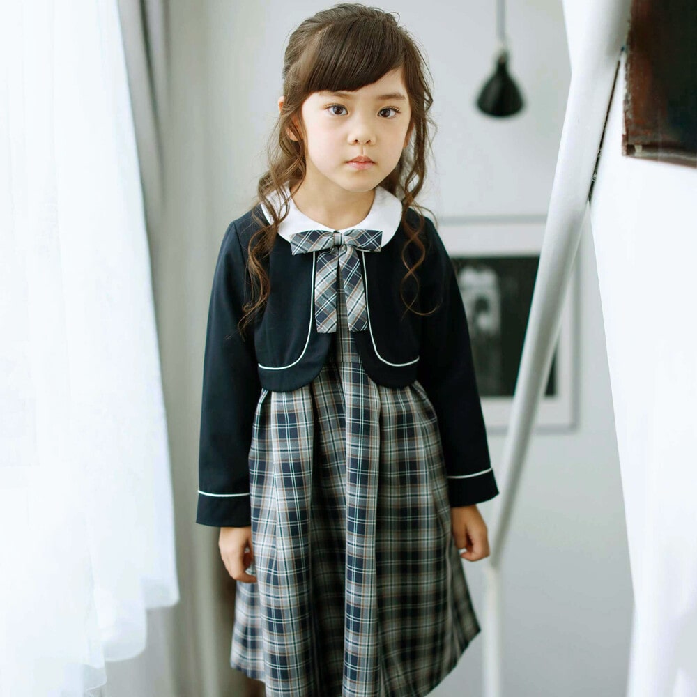 ボレロ+リボンタイ付きチェックワンピースアンサンブル(110~130cm