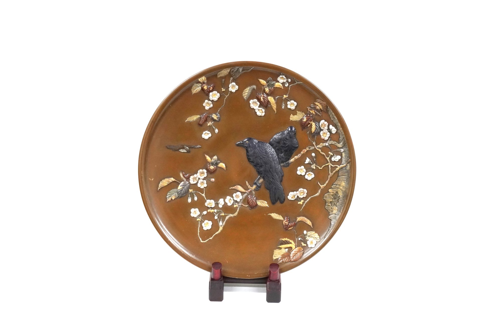 象嵌 桜にカラス図大皿 | 明治工芸・明治金工の販売専門店ならGallery尚