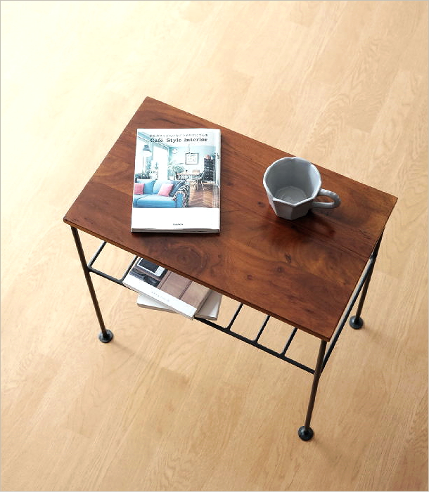 サイドテーブル 木製 アイアン 棚付き 天然木 無垢材 鉄脚 アカシア