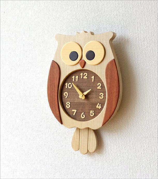 掛け時計 ふくろう 振り子 おしゃれ 木製 無垢材 木 ウォールクロック