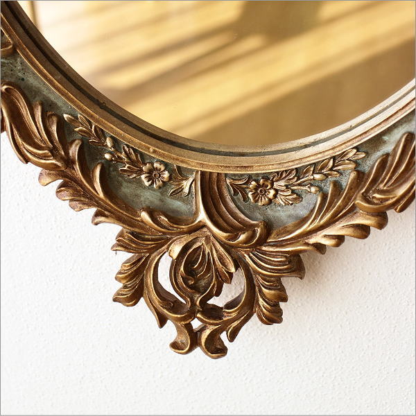 壁掛け鏡 アンティーク ミラー 楕円 ロココ調 おしゃれ ゴールド 彫刻