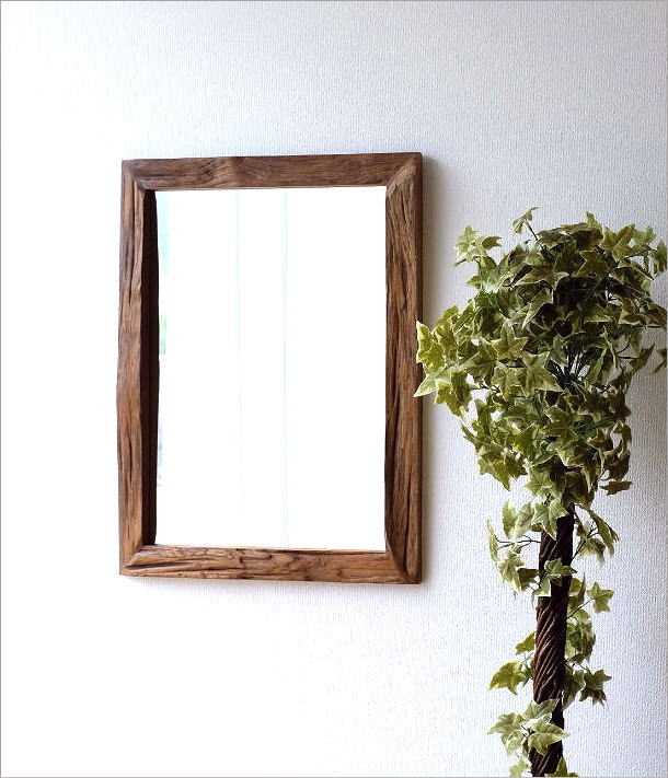 壁掛けミラー おしゃれ チーク 木製 古木 天然木 ウォールミラー