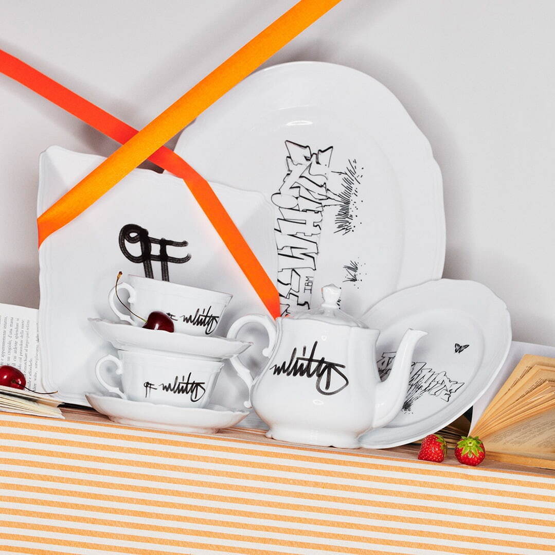 オフ-ホワイト×ジノリ1735コラボ食器、“グラフィティアート”を配した