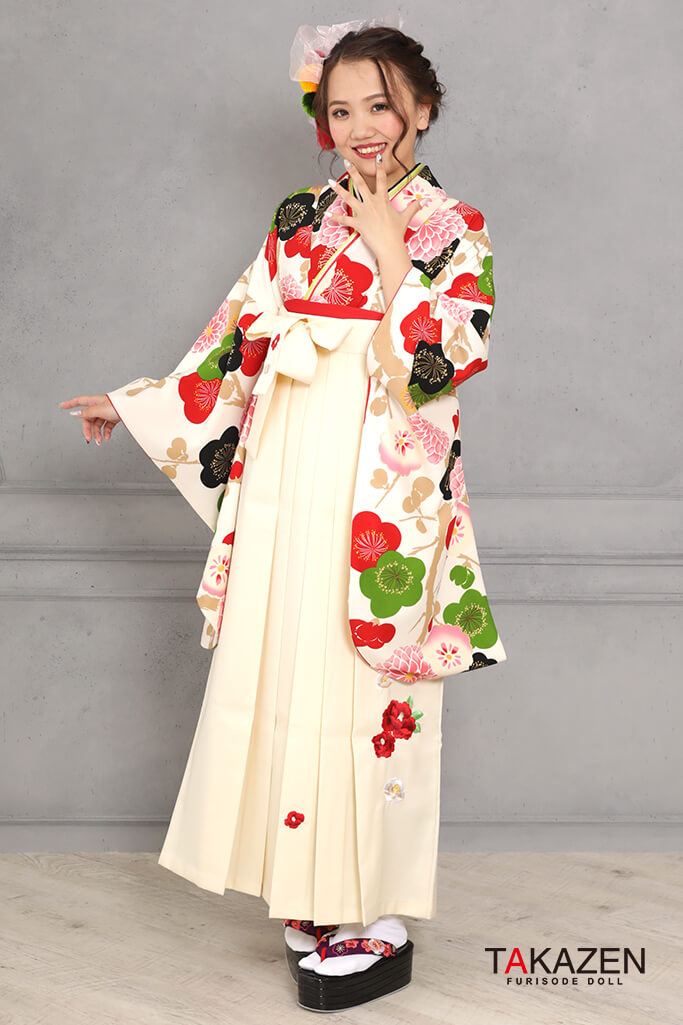 レトロポップ 白/赤/グリーン(緑色) 椿柄 可愛い 個性的袴ネット