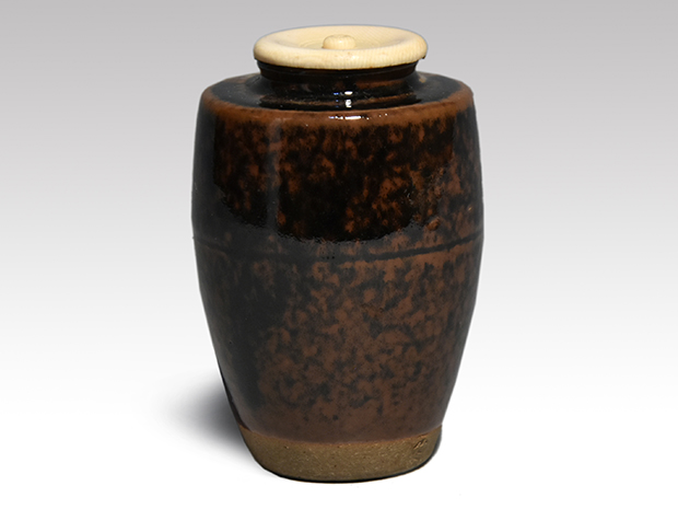 膳所焼 肩衝茶入 淡海ぜぜ 陽炎園造 共箱 象牙蓋 仕覆（日野間道