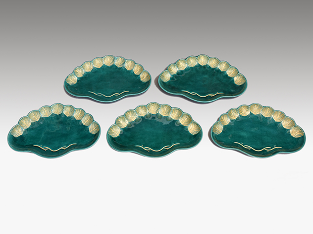 永楽善五郎(即全) 青交趾 金彩入 老松皿 5枚 共箱 菓子皿にも | 古