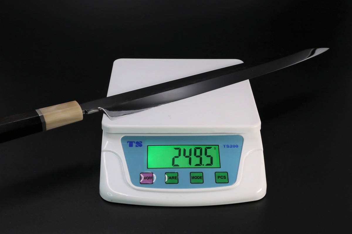 柳刃 青一鋼 300mm 水本焼 波浮かし刃文 全鏡面仕上 池田美和作 刃付