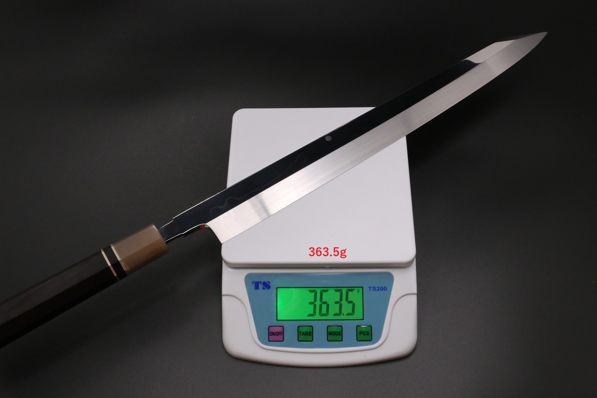 切付柳刃 白一鋼 水本焼 360mm 富士掛かり満月 両鏡面 八角黒檀柄 玄海