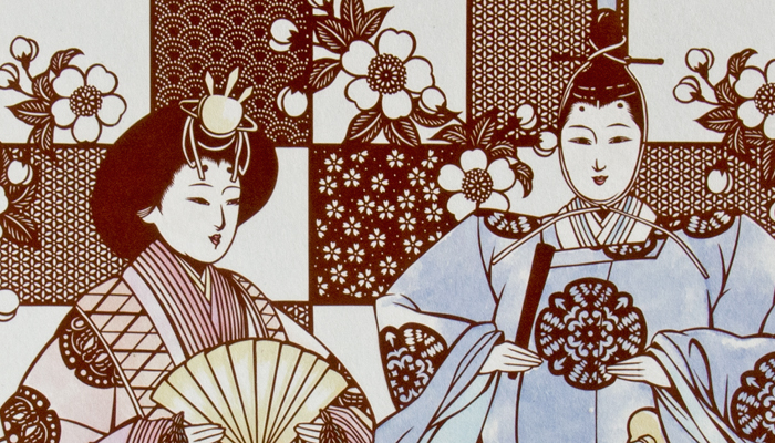 お雛様の色紙と額縁：ひな祭り（桃の節句）に伊勢型紙のお雛様飾りを