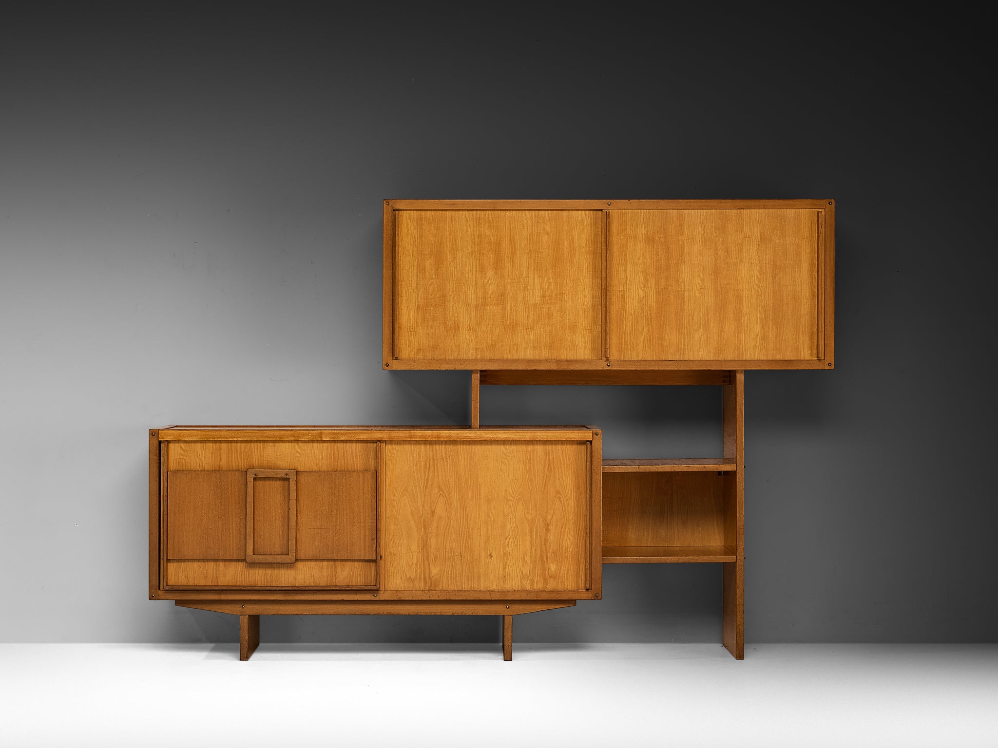 André Sornay Rare Geometric Bookcase with Sliding-Doors in Ash