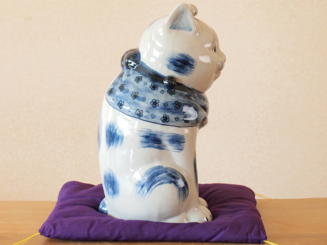 九谷焼 陶幸 マルヨネ】 10号招き猫 染付 右手・左手各 幅18×奥18×高