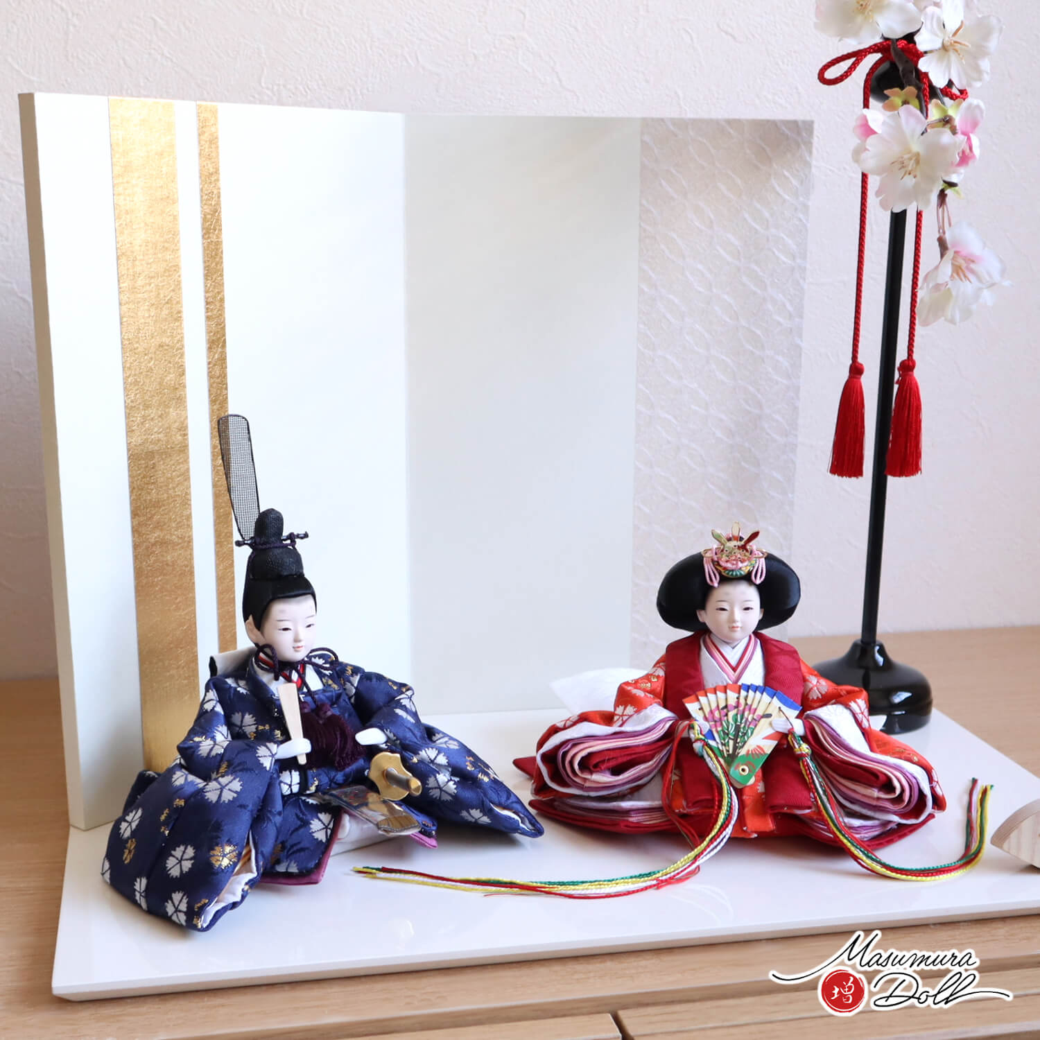 新作 増村オリジナル 柳 親王飾り 桜共柄 紺赤 金ライン七宝和紙屏風