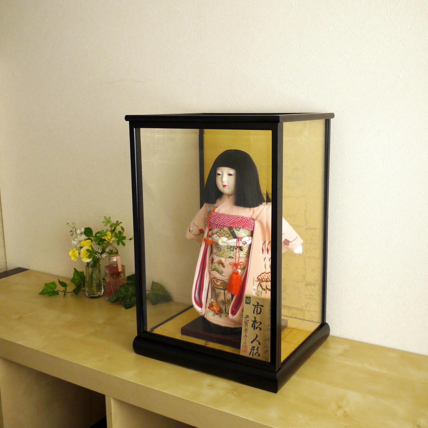 10号用 国産 最高級人形ケース 黒塗前扉 前ガラス面取 市松人形対応