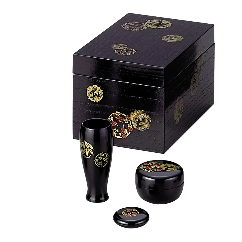 茶道具 茶箱（ちゃばこ） 利休茶箱 掻合塗 (かきあわせぬり) 花丸※三点