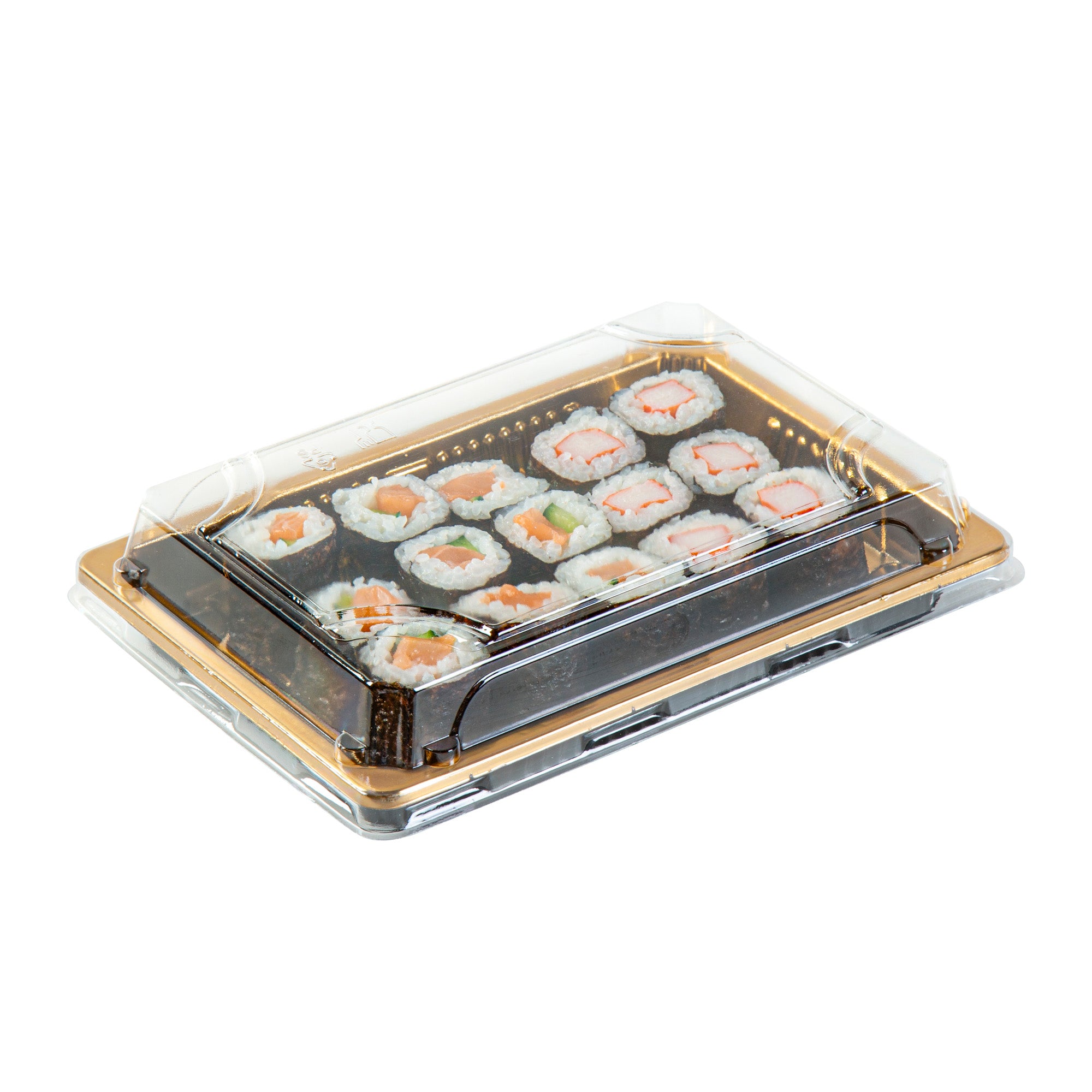 Roku Rectangle Gold Plastic Take Out Sushi Tray - with Clear Lid