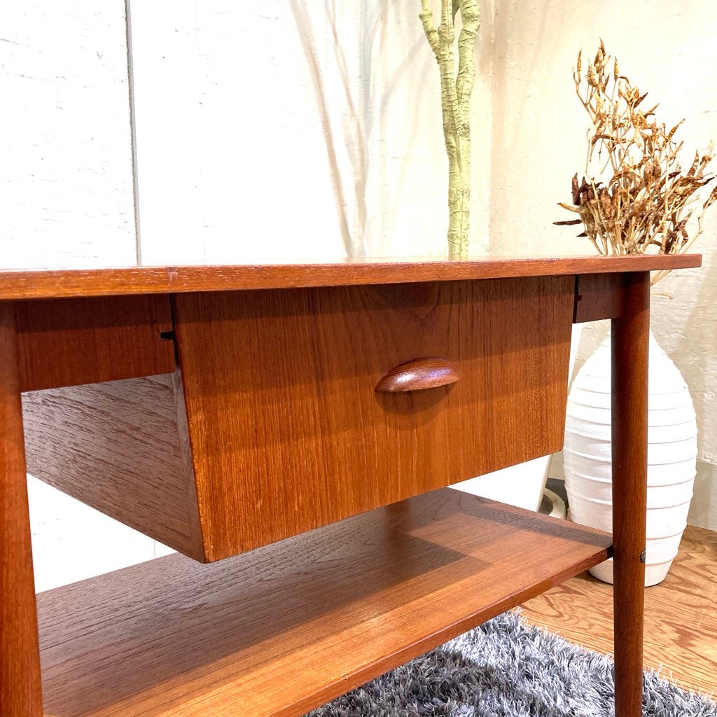 ソーイングテーブル サイドテーブル チーク材 北欧 収納 棚 キャスター