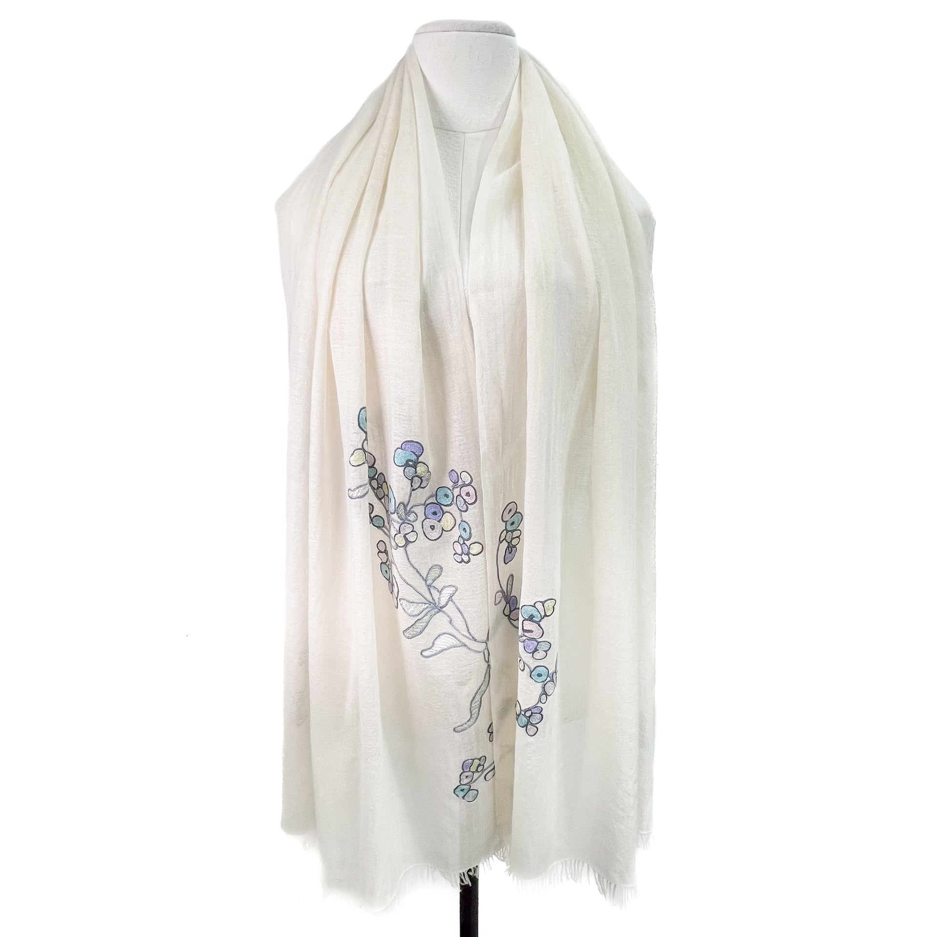 薄手ウール&シルク アリー手刺繍ストール (ホワイト/マルチ) – TARA