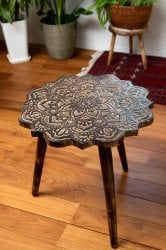 直径52.5cm】フラワーマンダラの彫刻が美しいサイドテーブル ブラウン