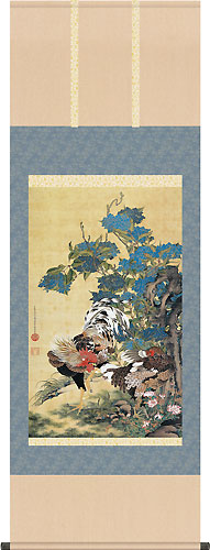 K茶道具 掛軸 「菊花鶏の圖」 小芳女史作 配送用自作桐箱 S204KJ K