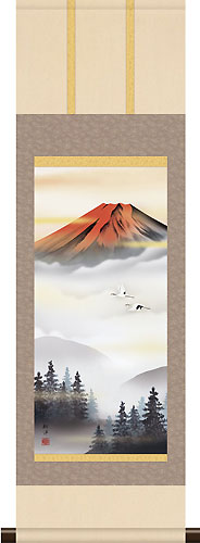 山水の掛け軸 田口紅洋作 赤富士【本格ミニ掛軸】ミニサイズ ミニ掛軸