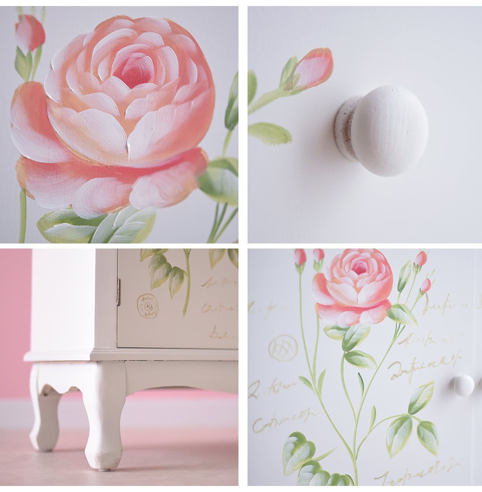 ハンドペイント 薔薇のキッチンキャビネット フレンチホワイト｜姫系