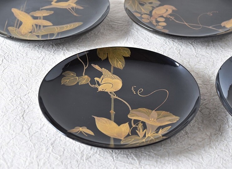 天然木製漆塗 時代蒔絵 花鳥 図変わり 菓子皿 5枚セット No.2 - 生活