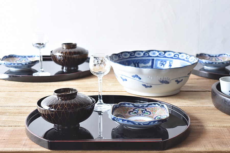 天然木製漆塗 輪島塗 半月形会席膳 4枚セット - 生活骨董と古布の