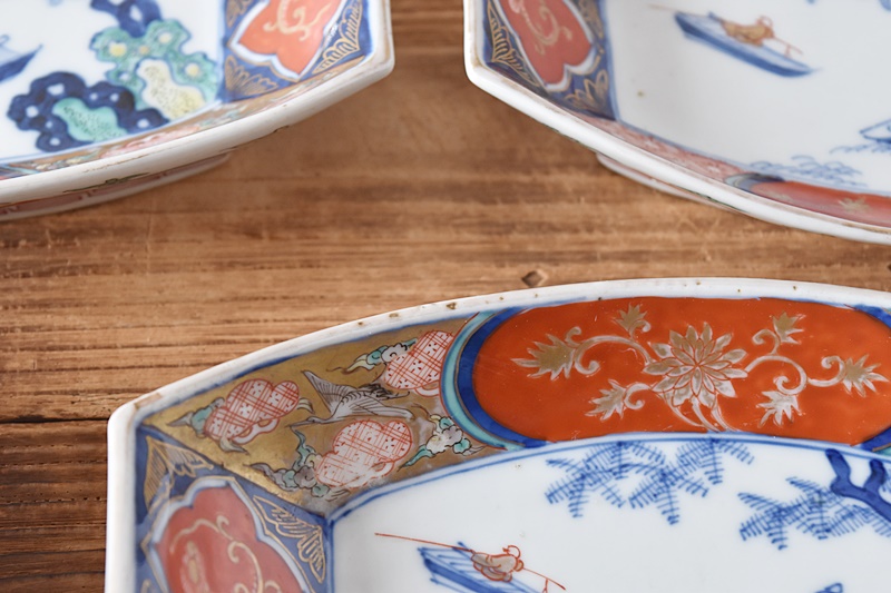 伊万里 色絵 赤絵 船に釣り人 冨貴長春 舟皿 変形長皿 5客セット